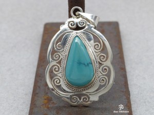 PA326 Pendentif Tibétain Argent Massif Turquoise