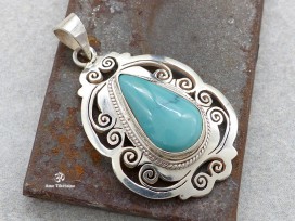 PA326 Pendentif Tibétain Argent Massif Turquoise