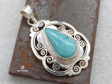 PA326 Pendentif Tibétain Argent Massif Turquoise