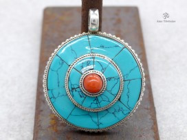 PA184 Pendentif Tibétain Argent Massif Turquoise Corail