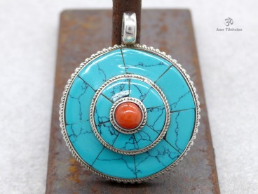 PA184 Pendentif Tibétain Argent Massif Turquoise Corail