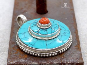PA184 Pendentif Tibétain Argent Massif Turquoise Corail