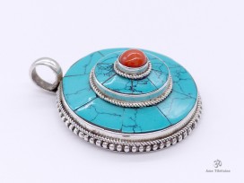 PA184 Pendentif Tibétain Argent Massif Turquoise Corail