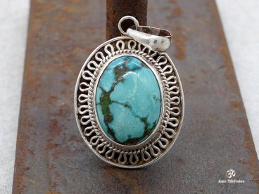 PA273 Pendentif Tibétain Argent Massif Turquoise