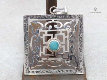 PA302 Pendentif Argent Massif Tibétain Mandala Turquoise