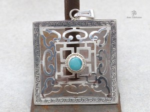 PA302 Pendentif Argent Massif Tibétain Mandala Turquoise