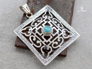 PA302 Pendentif Argent Massif Tibétain Mandala Turquoise
