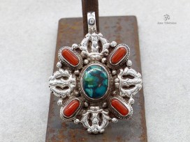 PA224 Pendentif Tibétain Argent Massif Turquoise Corail Double Dorje