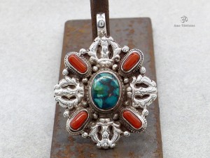 PA224 Pendentif Tibétain Argent Massif Turquoise Corail Double Dorje