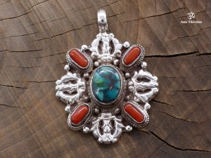 PA224 Pendentif Tibétain Argent Massif Turquoise Corail Double Dorje