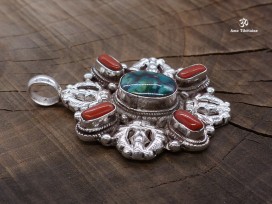 PA224 Pendentif Tibétain Argent Massif Turquoise Corail Double Dorje