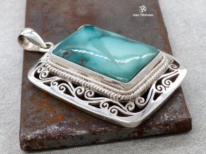 PA172 Pendentif Tibétain Argent Massif Turquoise