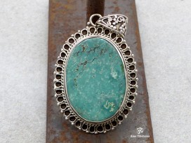 PA242 Pendentif Tibétain Argent Massif Turquoise