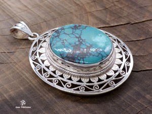 PA243 Pendentif Tibétain Argent Massif Turquoise
