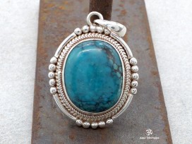 PA269 Pendentif Tibétain Argent Massif Turquoise