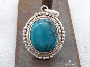 PA269 Pendentif Tibétain Argent Massif Turquoise