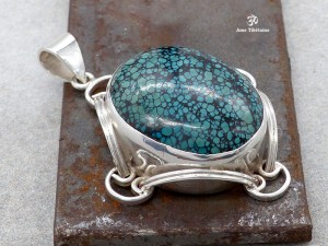 PA367 Pendentif Tibétain Argent Massif Turquoise