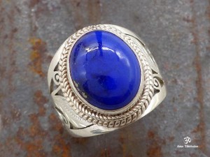 BA143 Bague Tibétaine Argent Massif Lapis Lazuli. Taille 56