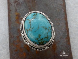 BA226 Bague Tibétaine Argent Massif Turquoise. Taille 54