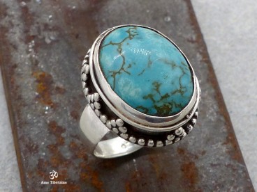 BA226 Bague Tibétaine Argent Massif Turquoise. Taille 54