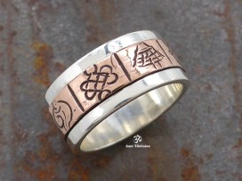 BA216 Bague Tibétaine en Argent Massif Cuivre avec Astamangala
