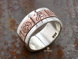 BA216 Bague Tibétaine en Argent Massif Cuivre avec Astamangala