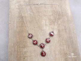 CA01 Collier Tibétain Argent Massif Corail Mantra Bouddhiste 