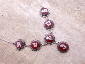 CA01 Collier Tibétain Argent Massif Corail Mantra Bouddhiste 