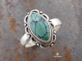 BA299 Bague Tibétaine Argent Massif Turquoise. Taille 53