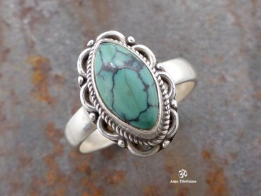 BA299 Bague Tibétaine Argent Massif Turquoise. Taille 53