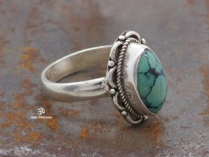 BA299 Bague Tibétaine Argent Massif Turquoise. Taille 53