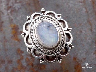 BA278 Bague Tibétaine Argent Massif Pierre de Lune. Taille Réglable