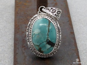 PA420 Pendentif Tibétain Argent Massif Turquoise