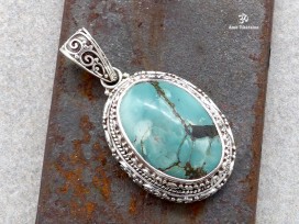 PA420 Pendentif Tibétain Argent Massif Turquoise