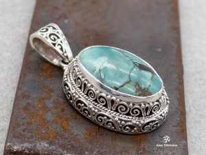 PA420 Pendentif Tibétain Argent Massif Turquoise