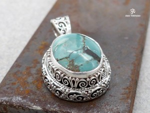 PA420 Pendentif Tibétain Argent Massif Turquoise