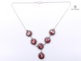 CA01 Collier Tibétain Argent Massif Corail Mantra Bouddhiste 