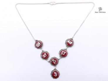 CA01 Collier Tibétain Argent Massif Corail Mantra Bouddhiste 