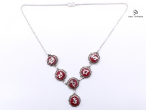 CA01 Collier Tibétain Argent Massif Corail Mantra Bouddhiste 