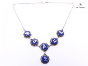 CA02 Collier Tibétain Argent Massif Lapis Lazuli Mantra Bouddhiste