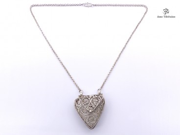 CA11 Collier Tibétain Argent Massif Turquoise Filigranes