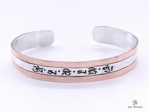 BRA88. Bracelet Tibétain Argent Massif Cuivre Mantra Bouddhiste
