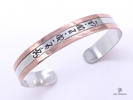 BRA88. Bracelet Tibétain Argent Massif Cuivre Mantra Bouddhiste