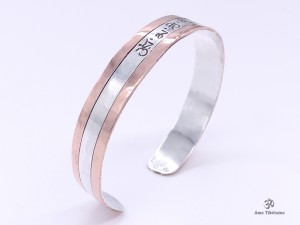 BRA88. Bracelet Tibétain Argent Massif Cuivre Mantra Bouddhiste