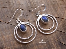BdOA123 Boucles d’Oreille Tibétaines Argent Massif Labradorite