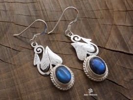 BdOA124 Boucles d’Oreille Tibétaines Argent Massif Labradorite